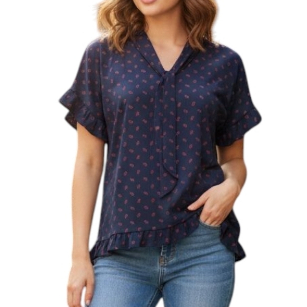 Michael Michael Kors Top Dark Coquette Y2K Womens S Ruffle Bow Feminine Navy Red